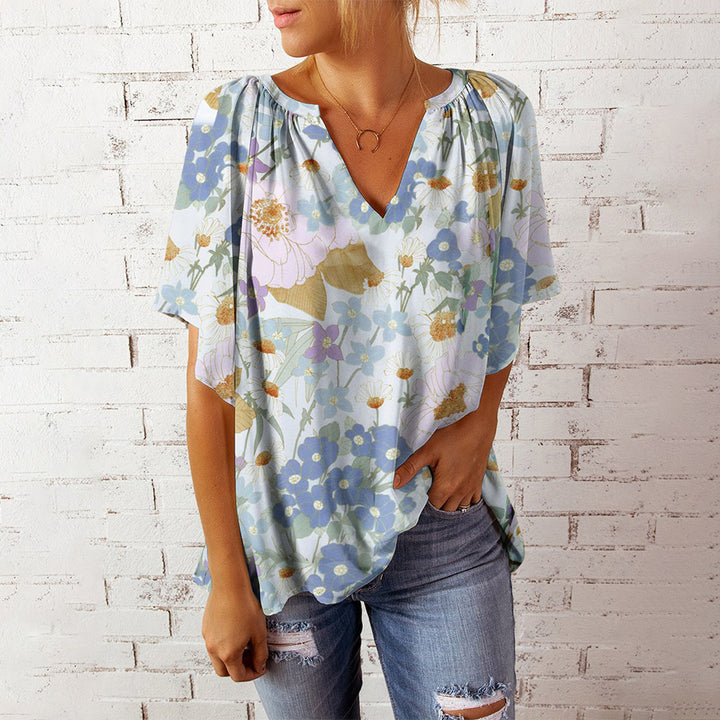 Dame blomster mønster V-hals bluse Stilla