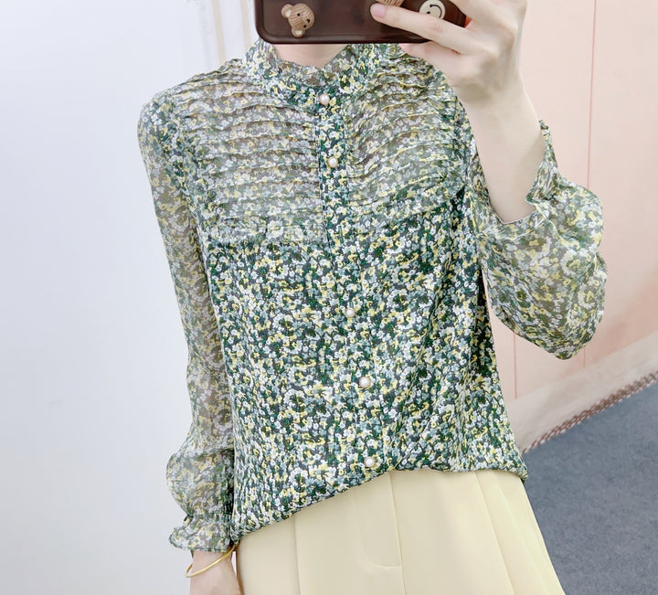 Dame Gennemsigtig Bluse med blomsterdesign og elegante flæsedetaljer Stilla