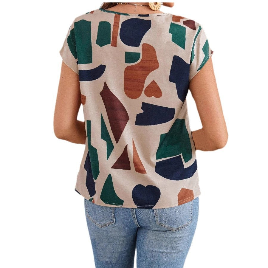 Dame afslappet bluse med geometrisk mønster Skovae