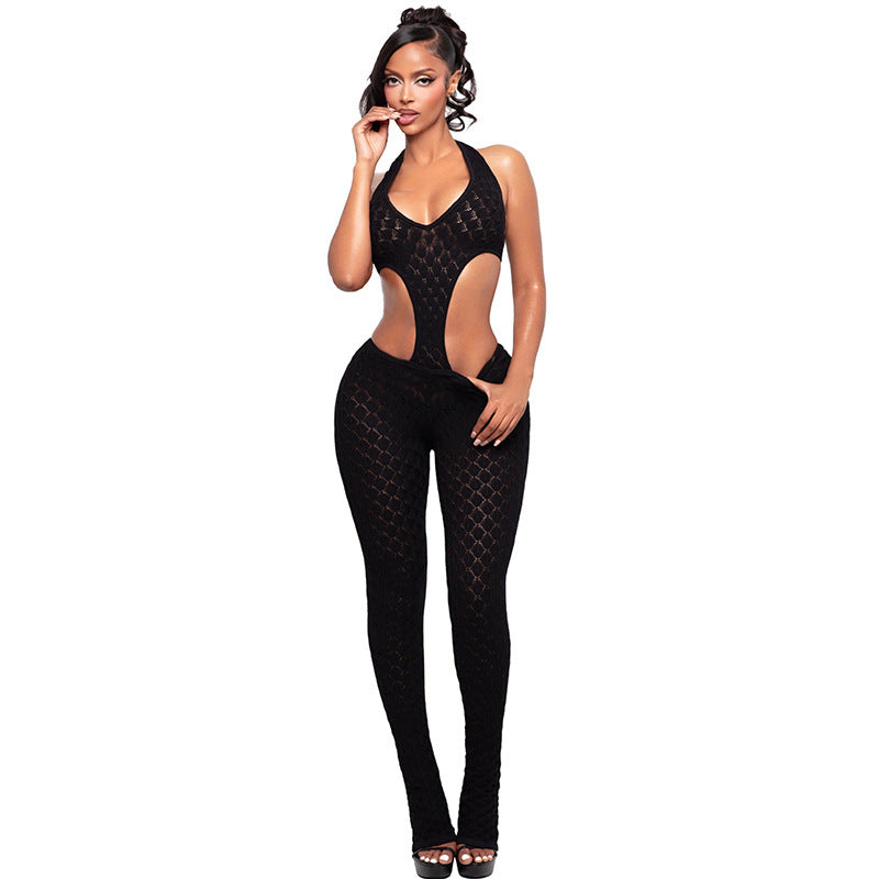 Dame Cut-Out Bodycon Overall med dyb V-udskæring og transparent hæklestruktur Skovae