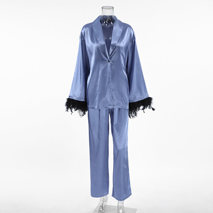 Dame satin casual lounge-sæt med elegante fjer Stilla