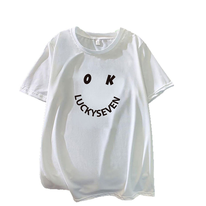 Kvindernes fashionabel t-shirt med afslappet smiley-tryk og høj kvalitet bomulds kvalitet Skovae