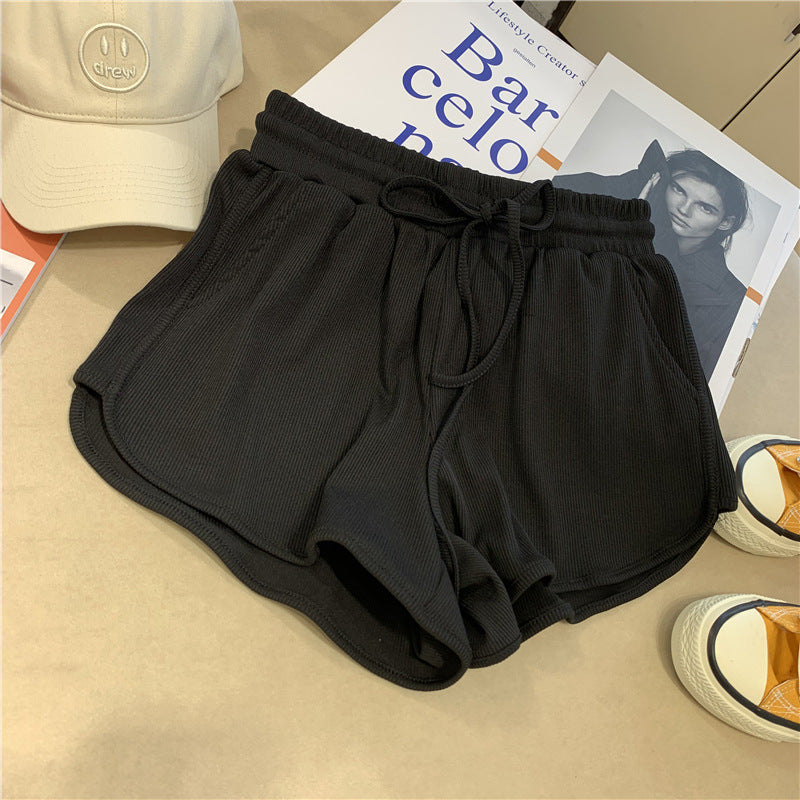 Dame Rib- Højtaljede Lounge-Shorts med Snøre Stilla