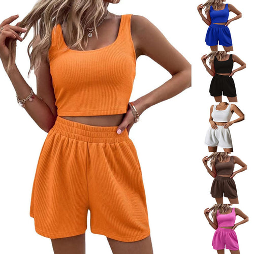 Dame afslappet Crop-Top og shorts-sæt med ribstruktur Stilla