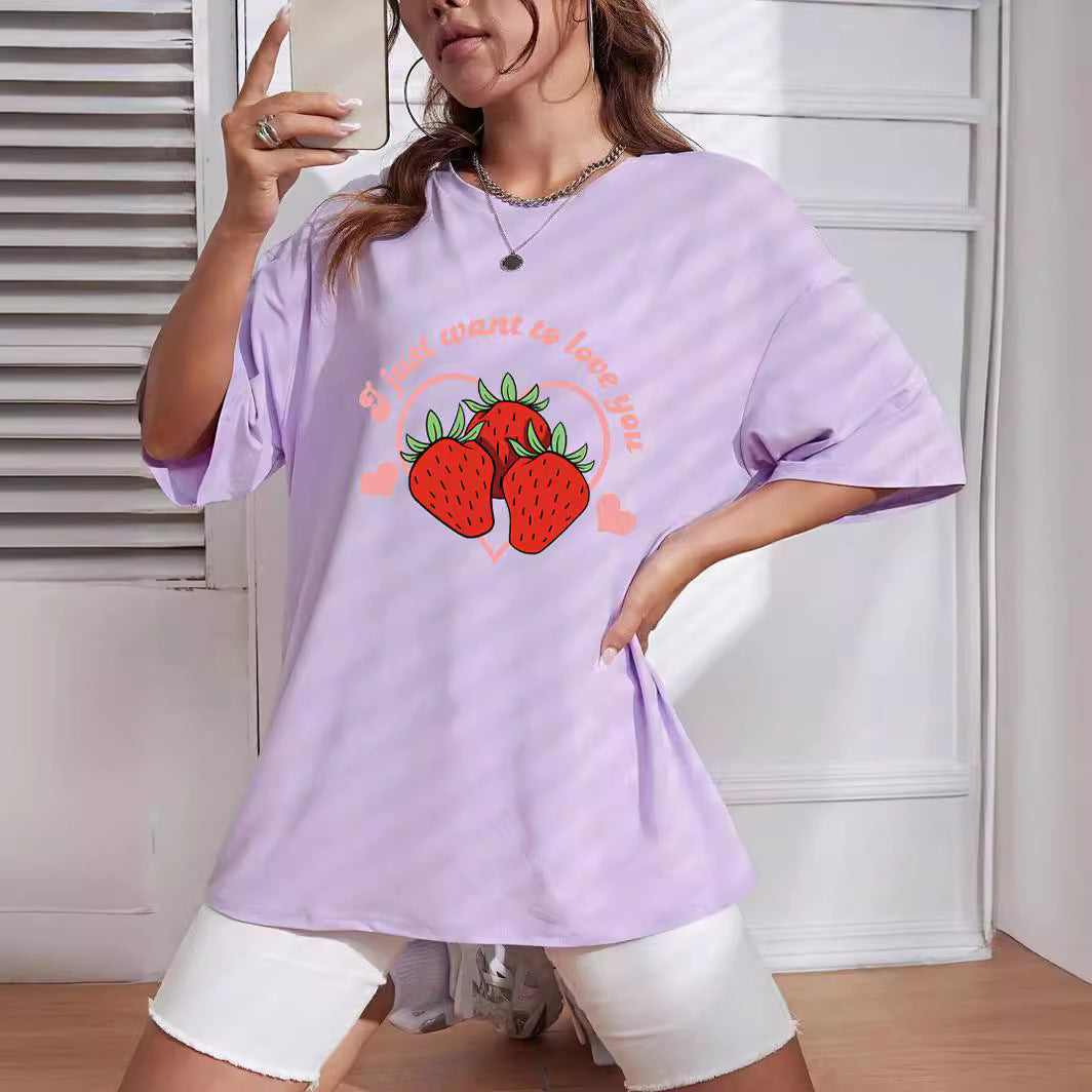 Dame oversized T-shirt med jordbær-motiv Stilla