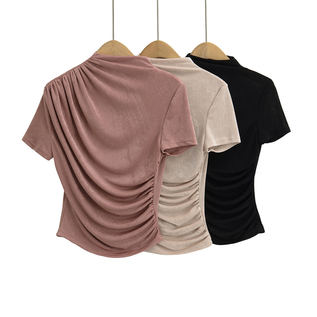 Dame elegant, afslappet top med samlinger og høj halskrave Stilla