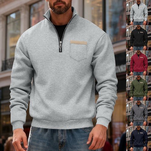 Herren nan sweatshirt med halv lynlås, ståkrave og brystlomme Skovae
