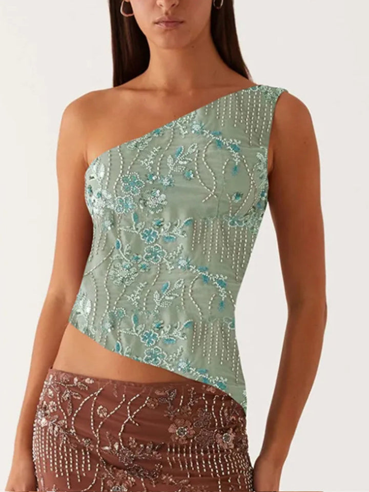 Kvinders asymmetrisk top med blomstret rhinestones design Skovae