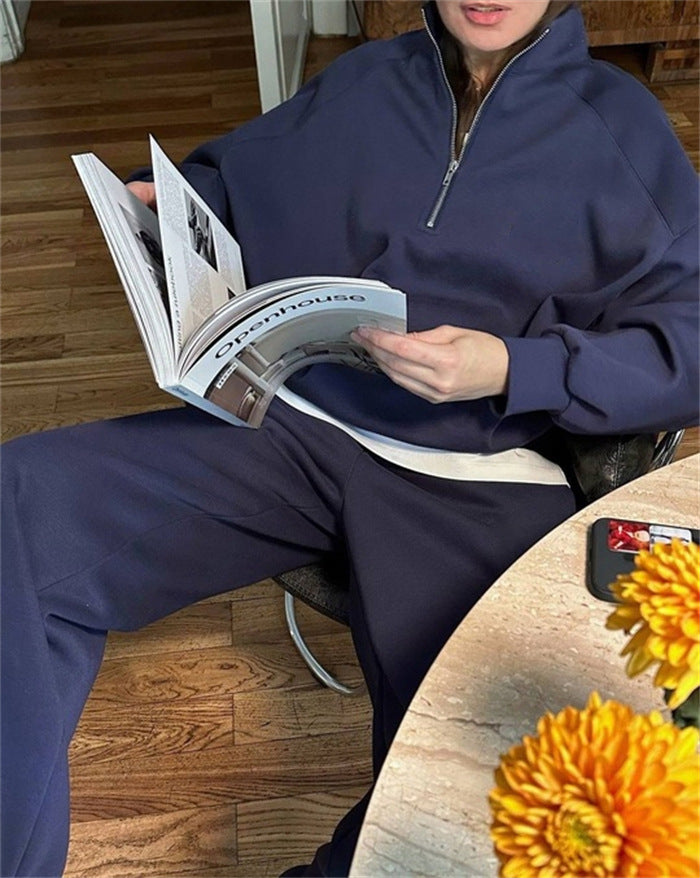 Dames sporty sweat sæt med halv lynlås og brede ben Skovae