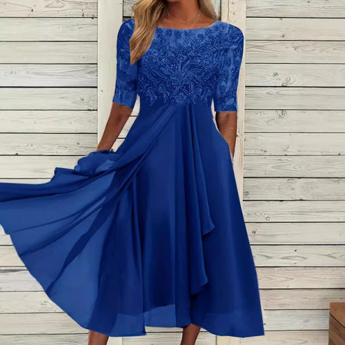 Damer na elegant chiffon midikjole med bestiklet spidsoberdel og halvlange ærmer Skovae