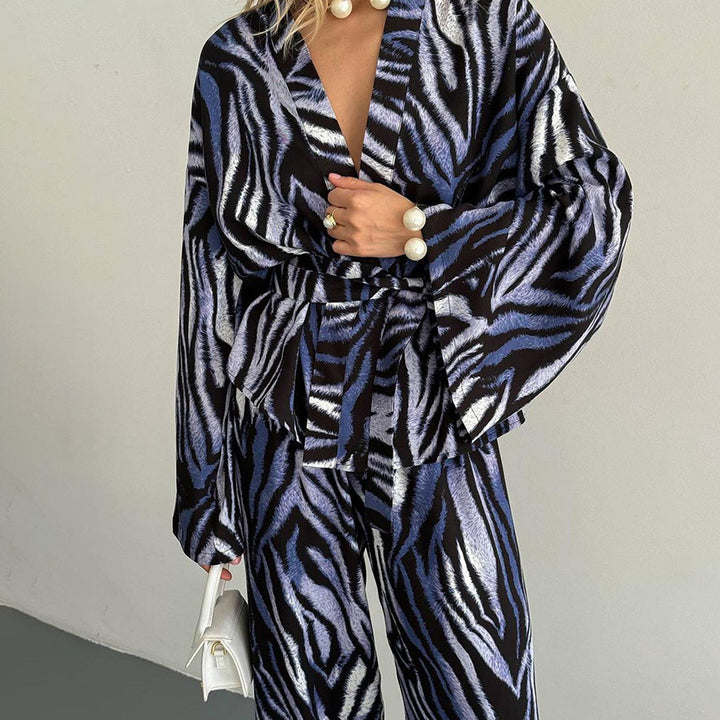 Dame Blazer-sæt med zebra-print og figursyet bælte Stilla