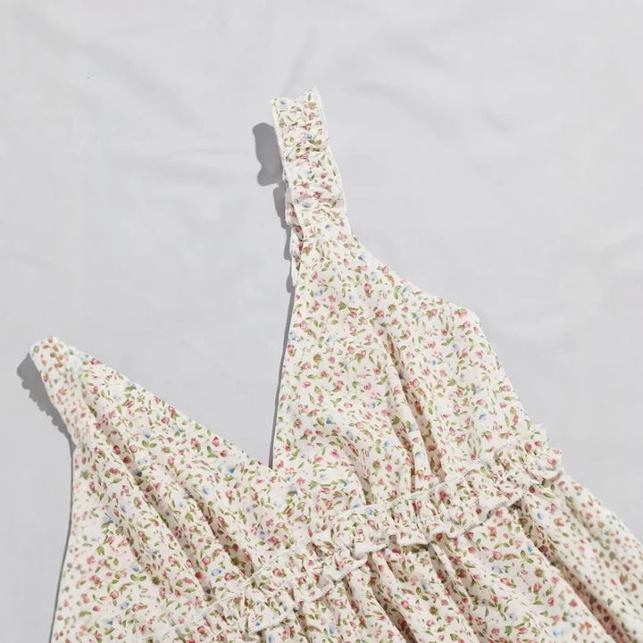 Dame bluse top med blomster rynket kant og V-hals Stilla