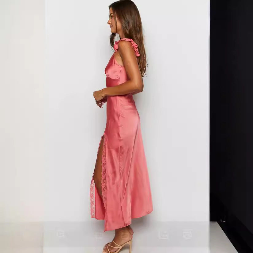 Kvinder Elegant Maxi Kjole med Blaffende Skirt og Blonde Detaljer Skovae