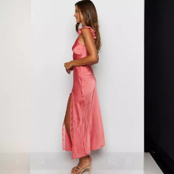 Kvinder Elegant Maxi Kjole med Blaffende Skirt og Blonde Detaljer Skovae