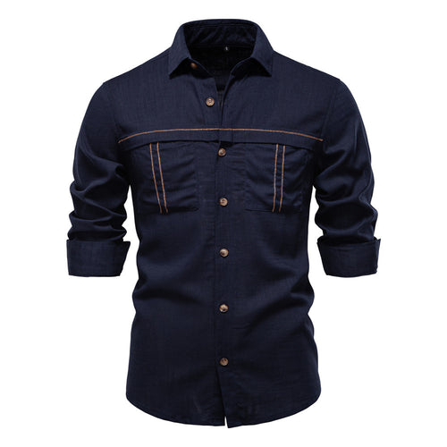 Herrer nan Workshirt i denimlook med dobbelte brystlommer og kontrastsyninger Skovae