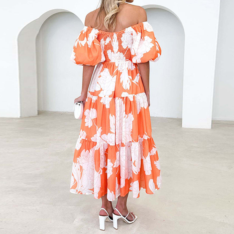 Dame Maxi Kjole med voluminøse pufærmer og blomsterdesign Stilla