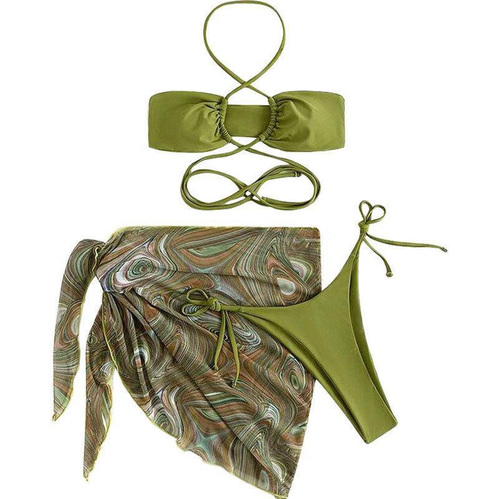 Dame Bandeau-bikini med justerbare stropper og gennemsigtig indpakning nederdel Skovae