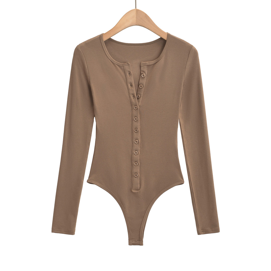 Dame Langærmet Bodysuit med knapliste og elegant rund halsudskæring Stilla
