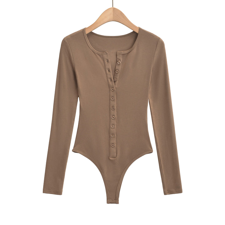 Dame Langærmet Bodysuit med knapliste og elegant rund halsudskæring Stilla