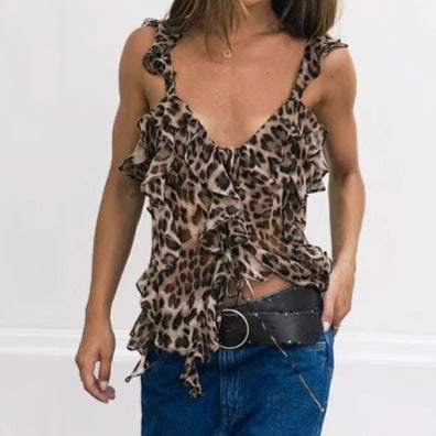 Dame top med flæsedetaljer og leopardmønster Stilla