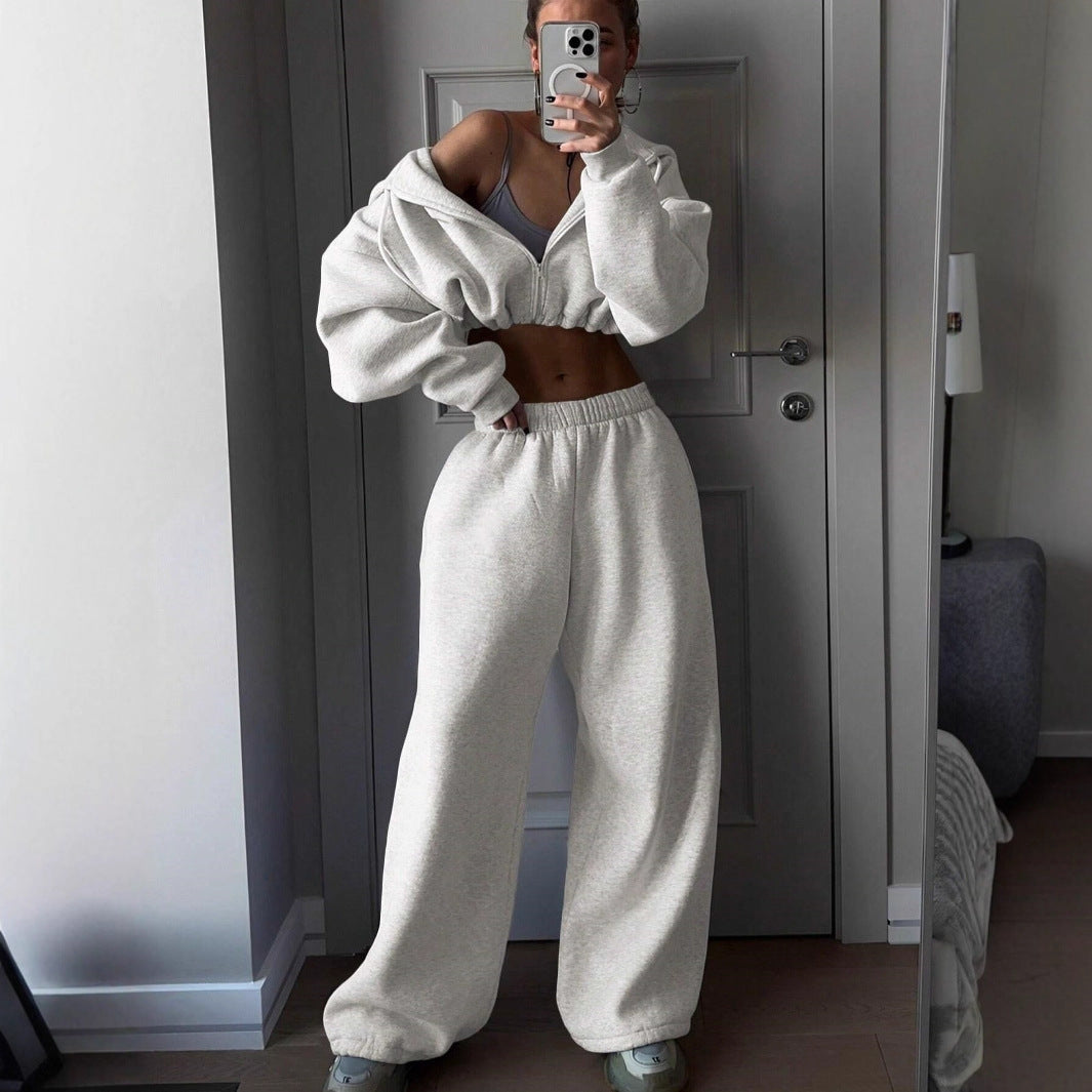 Kvindernes cropped fleece hoodie og casual joggers sæt Skovae