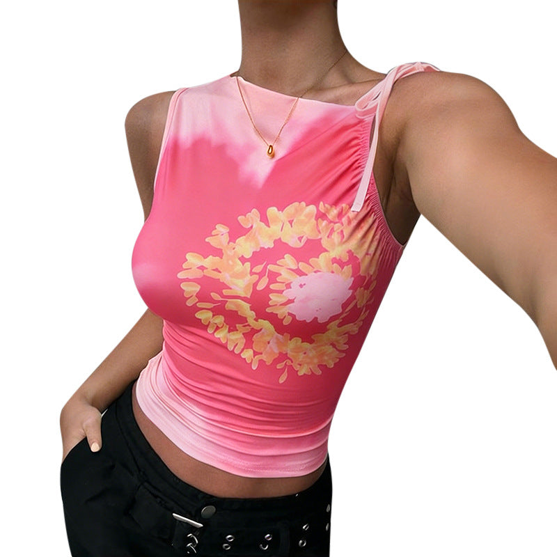 Damers tætsiddende tanktop med blomster mønster og fine flæse detaljer Skovae