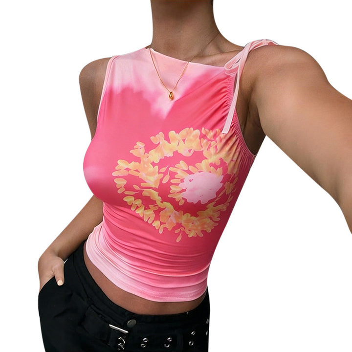 Damers tætsiddende tanktop med blomster mønster og fine flæse detaljer Skovae