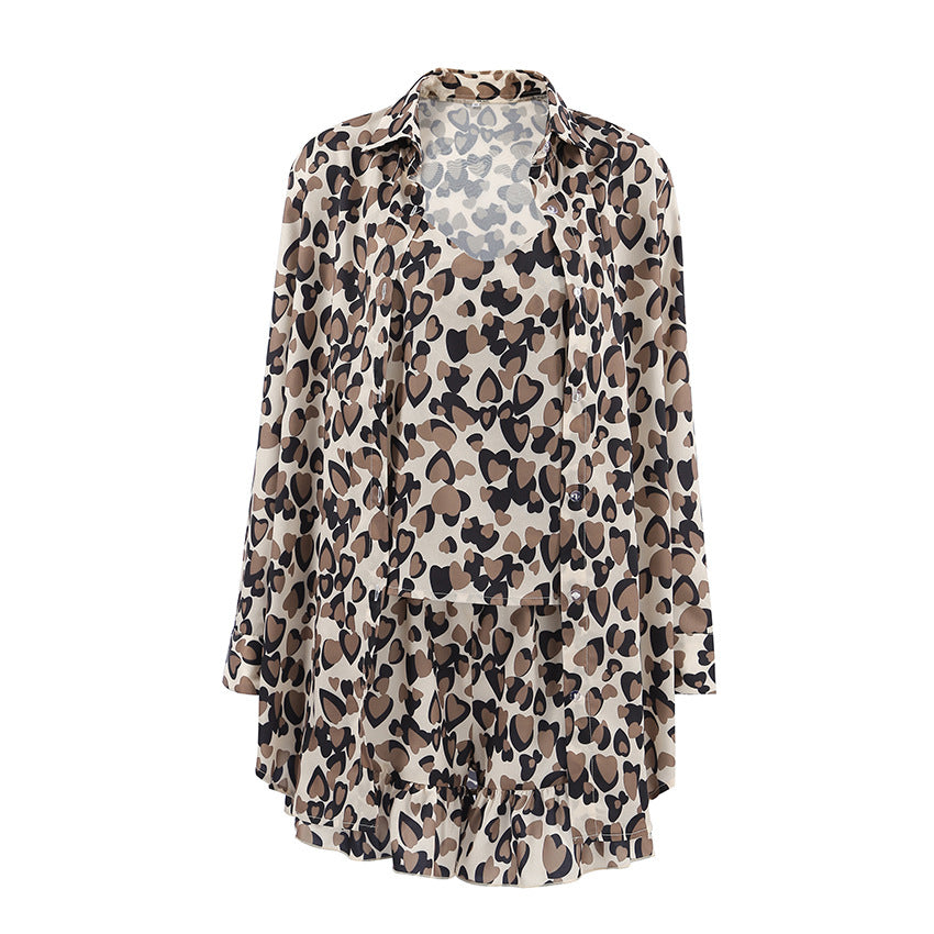 Dame Outfit-sæt med blomsterknyttet top og nederdel i leopardmønster Stilla