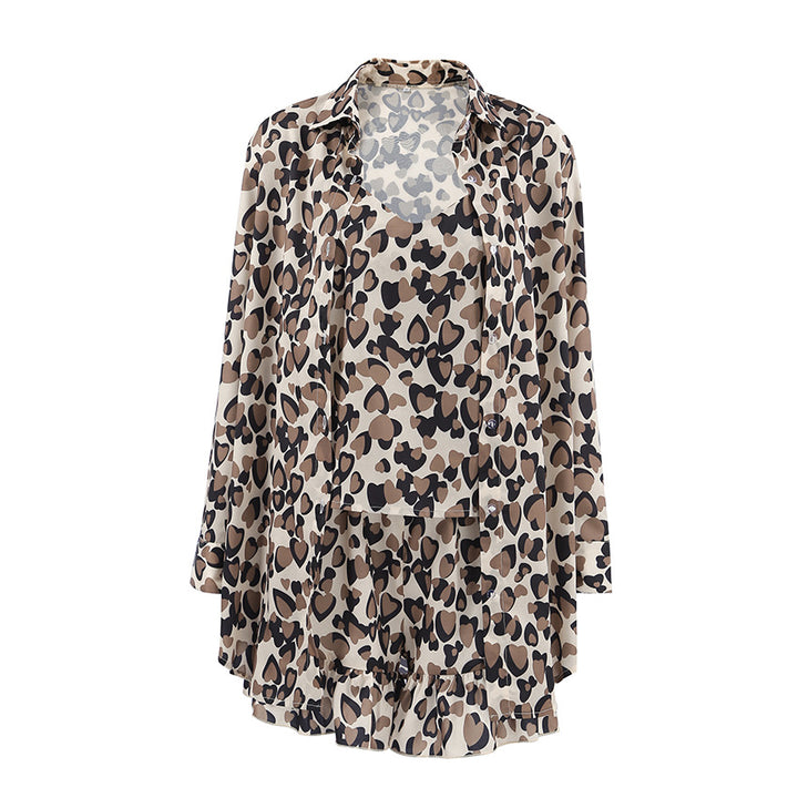 Dame Outfit-sæt med blomsterknyttet top og nederdel i leopardmønster Stilla