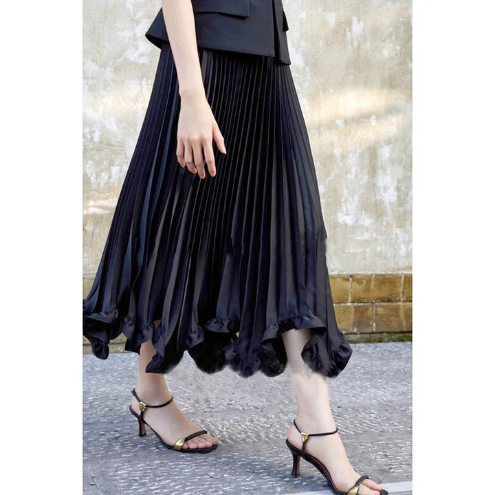 Dame plisseret midiskirt med raffinerede flæseafslutninger Stilla