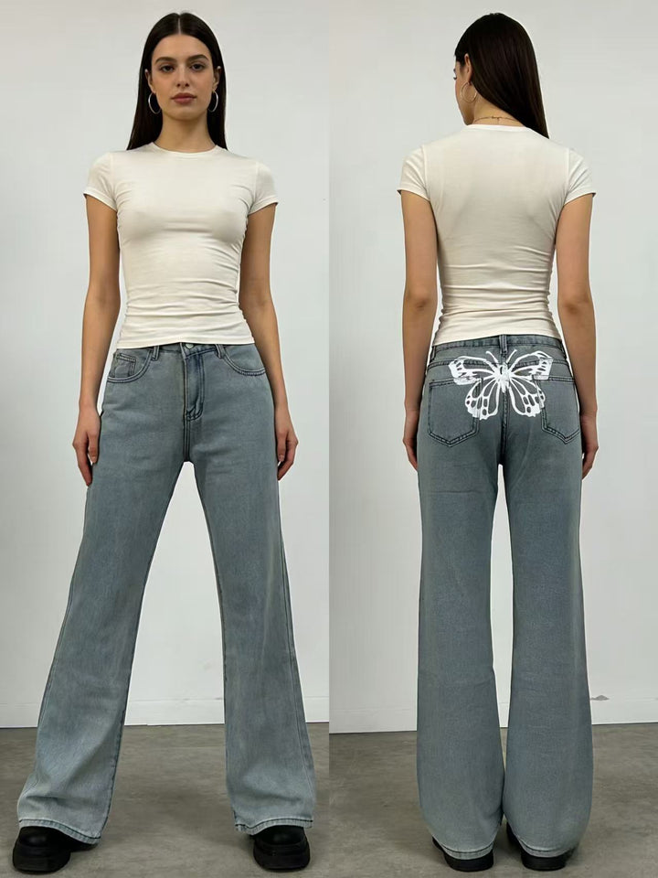 Dame Wide Jeans med kunstnerisk sommerfugledesign Skovae