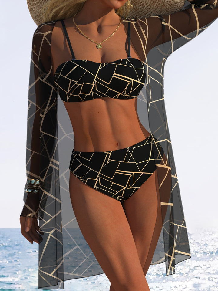 Dame Bikini-sæt med blomstret design og transparent strandjakke Skovae