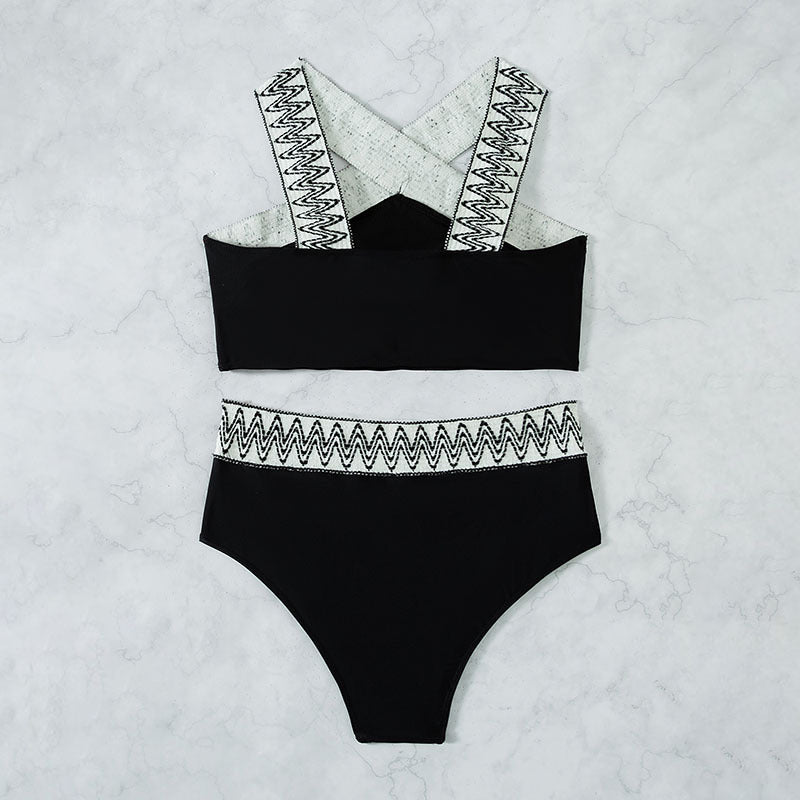 Dame højtaljet bikini-sæt med elegant krydsbånd-design Skovae
