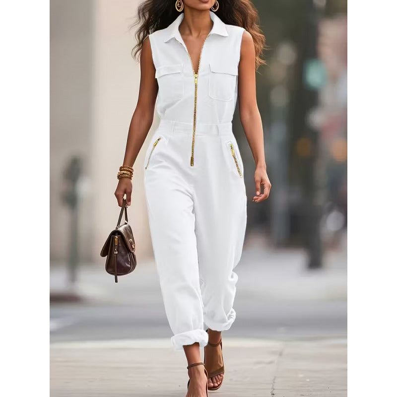 Dame jumpsuit med moderne krave og lynlåse Skovae