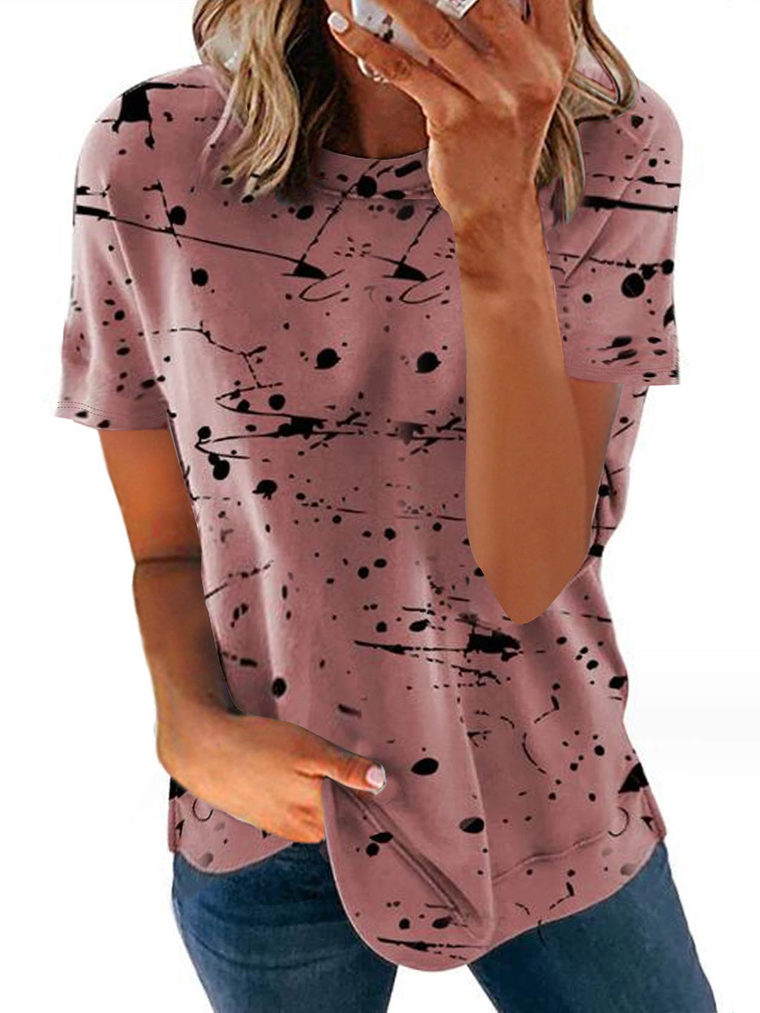 Dame T-shirt med kreativt farveklat-design Stilla