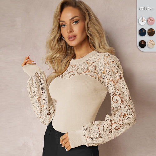 Dame fin strikpullover med transparente spidsærmer og elegant rund halsudskæring Stilla