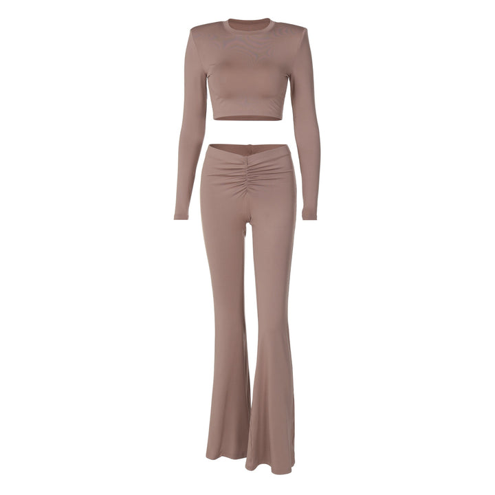 Dame Crop-Top og Flared Bukser Sæt med elastisk materiale og raffineret rynkning Stilla