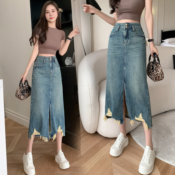 Kvinders lang denimnederdel med sideslids og frynset kant Stilla