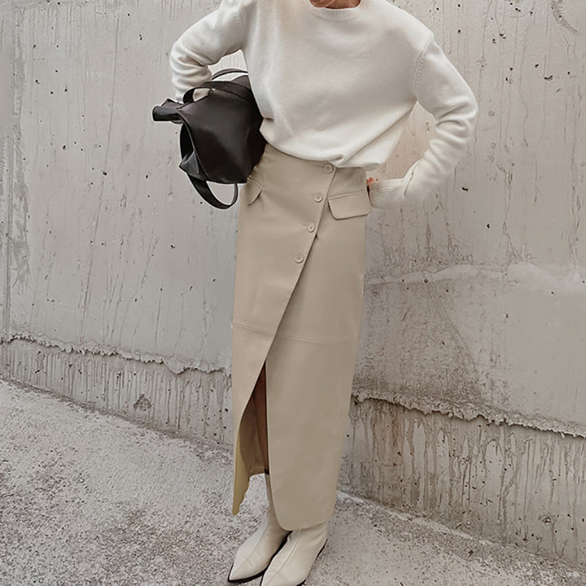 Damer Elegant Wrap Skirt i høj kvalitet kunstlæder med praktiske lommer og side split Stilla