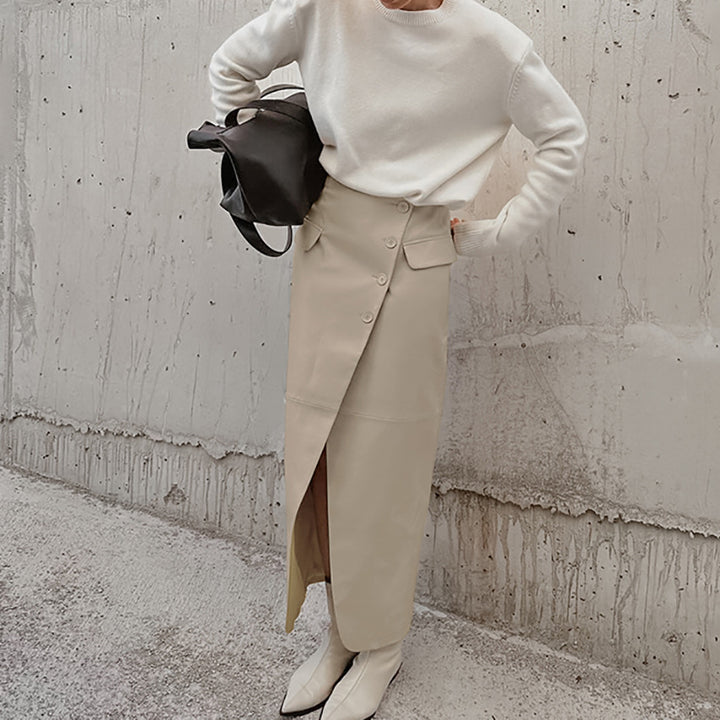 Damer Elegant Wrap Skirt i høj kvalitet kunstlæder med praktiske lommer og side split Stilla