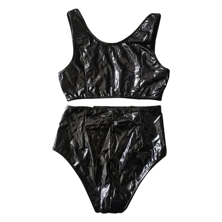 Dame Snøring Kunstlæder Crop Top og højskåret Shorts Sæt Stilla