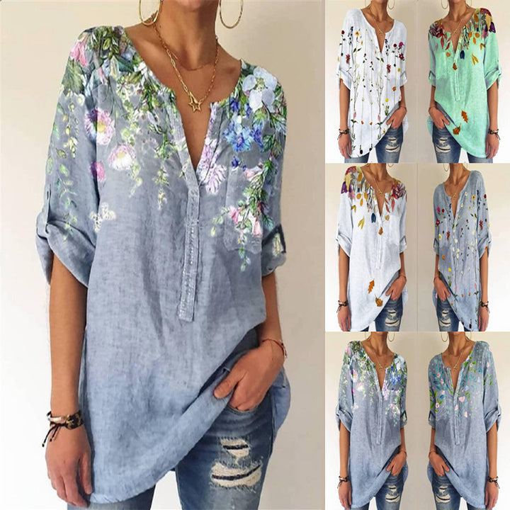 Damebluse med floral broderedesign og V-hals Stilla