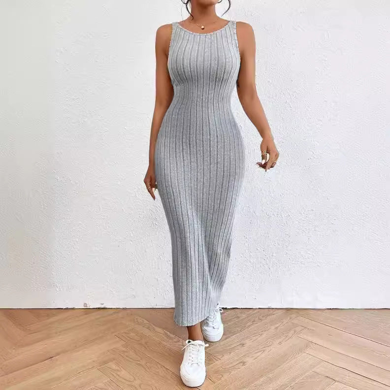 Dame figursyet Langærmet Maxi Kjole med Ribstruktur og Rund Halsudskæring Skovae