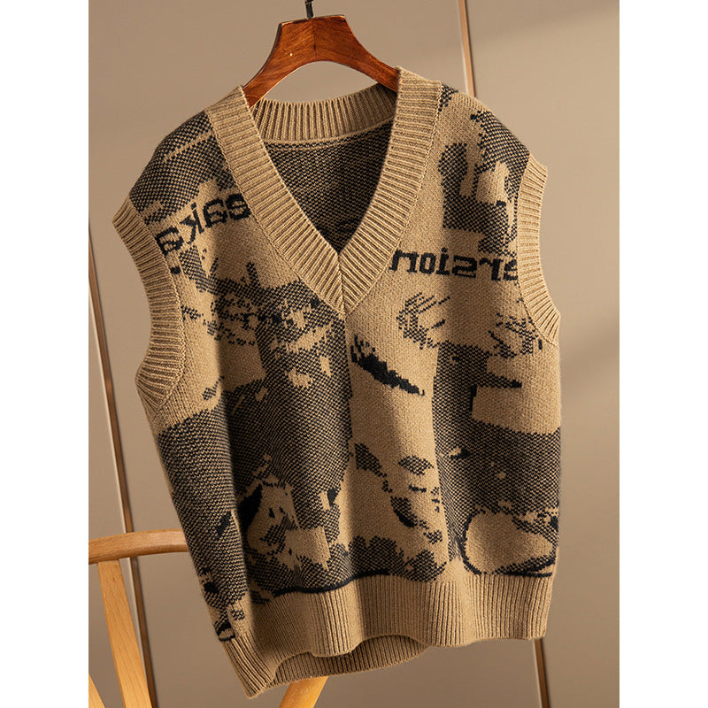 Dame strikpullover-vest med V-udskæring og modeprint Stilla