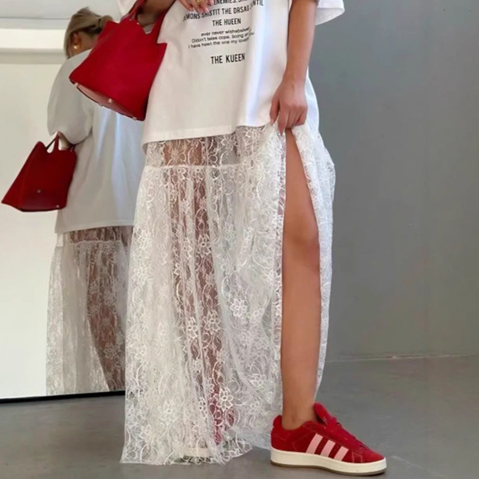 Dame spids-maxi skirt med høj slits og elegant gennemsigtighed Stilla
