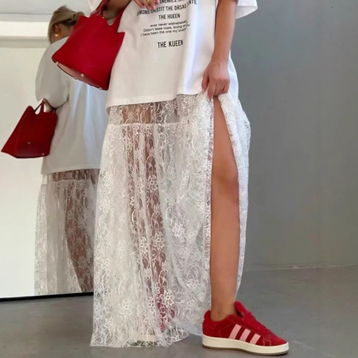 Dame spids-maxi skirt med høj slits og elegant gennemsigtighed Stilla