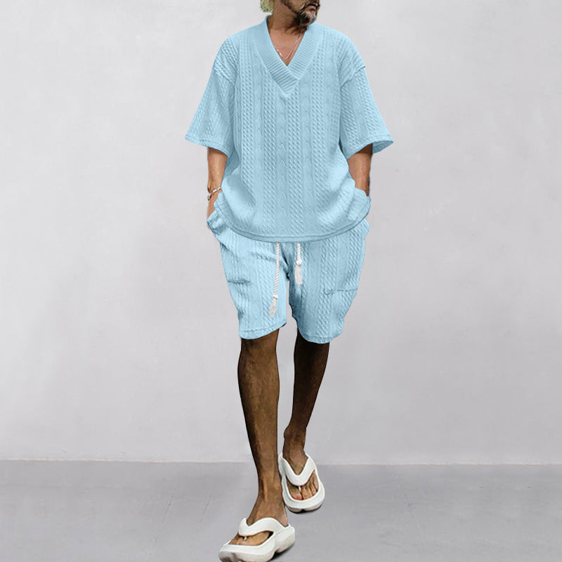 Herre afslappet V-hals T-shirt og korte fritidsbukser med elastisk talje Stilla