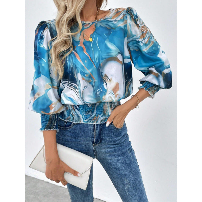 Femme Bluse med rynket talje og kunstnerisk tryk Stilla