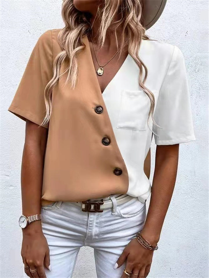 Dame asymmetrisk Button-Up top med kontraststoffer og brystlomme Stilla