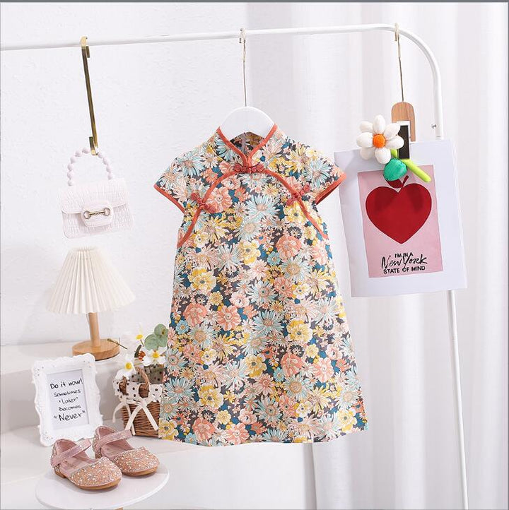 Pige Mandarin-krave blomsterprint kjole Stilla